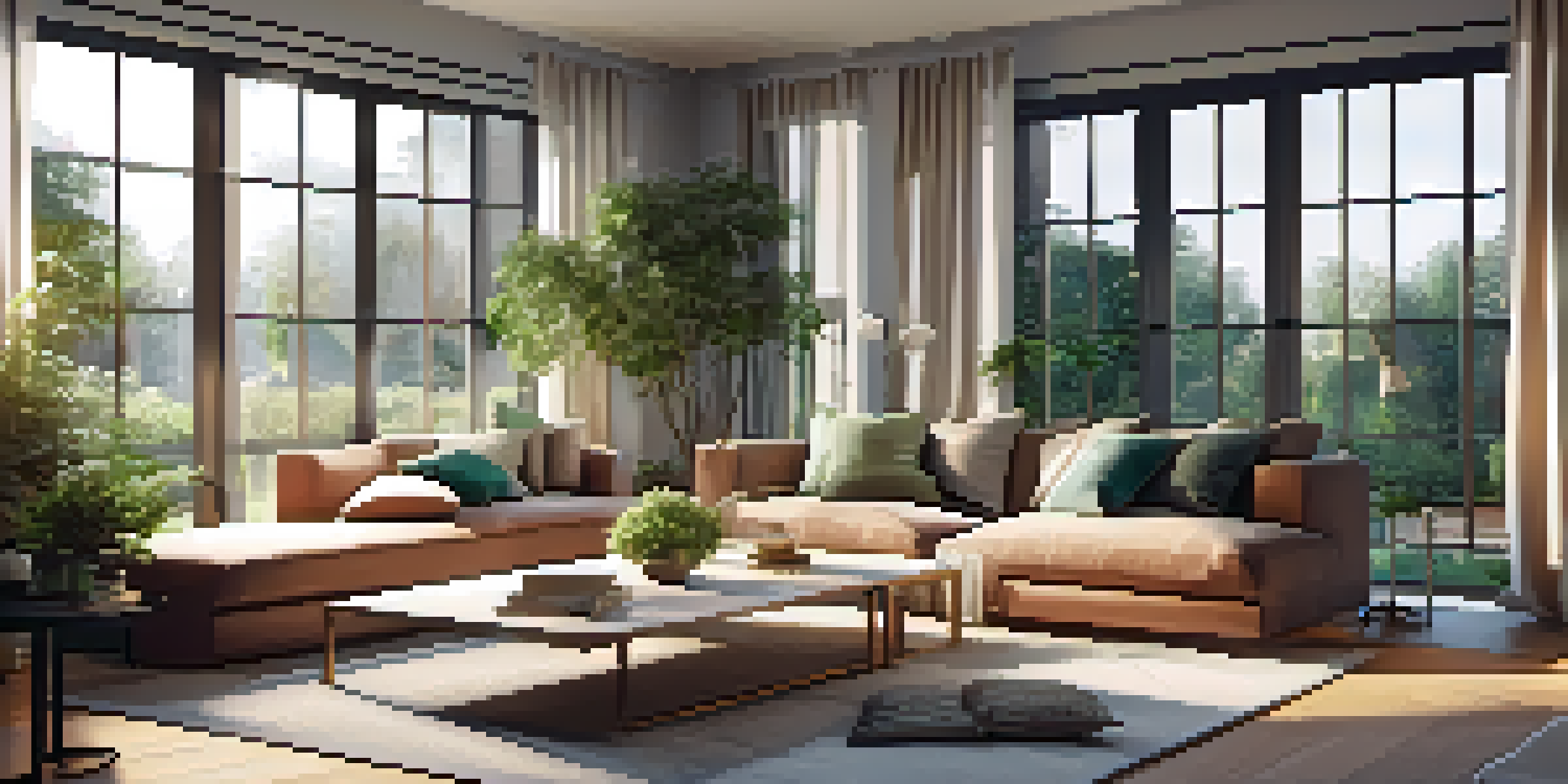 A cozy living room designed for multiple functions, featuring a modular sofa, a foldable coffee table, and a bright reading nook by a window.