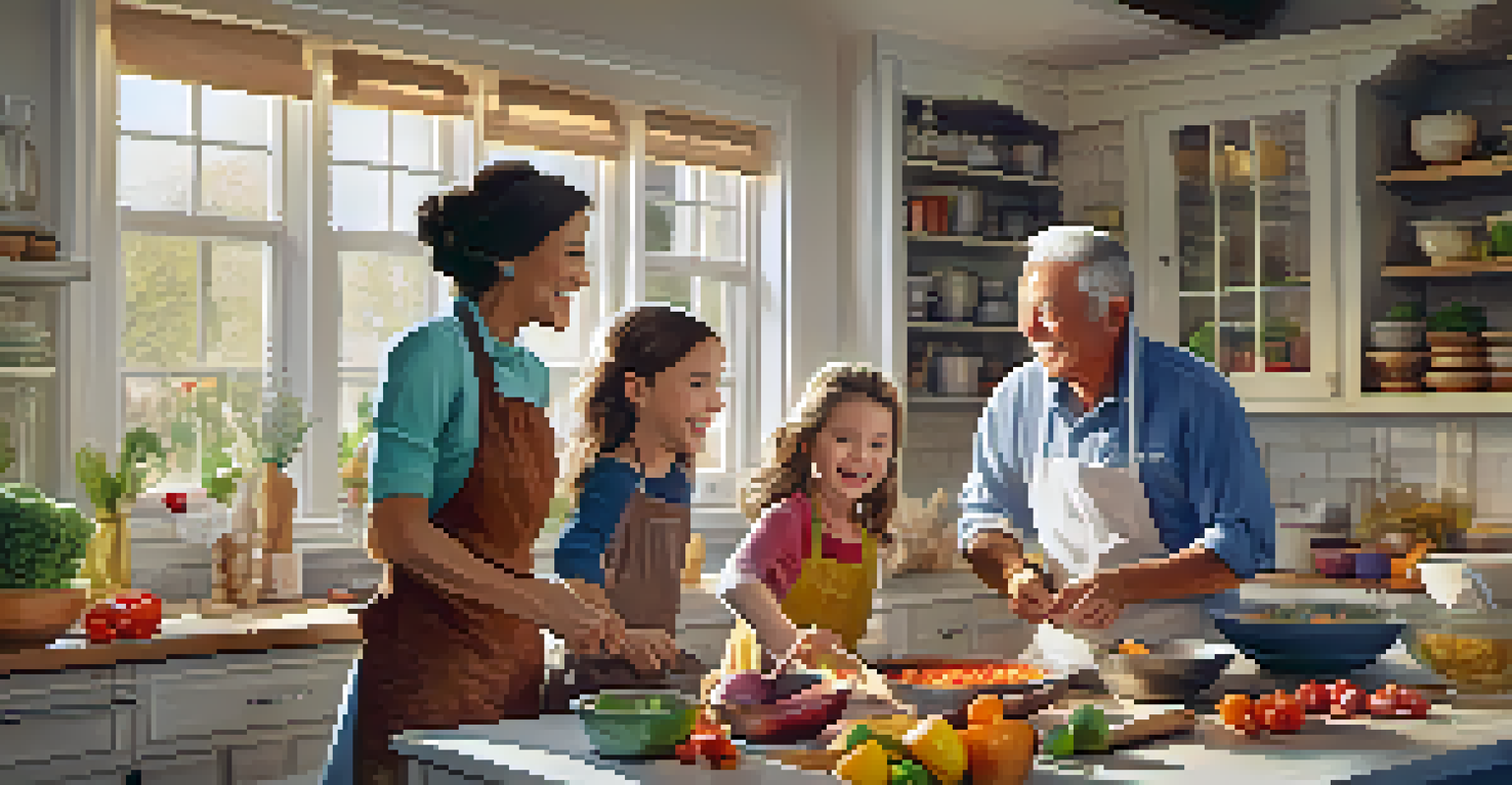 A family cooking together in a kitchen, showcasing a generational exchange of culinary skills.