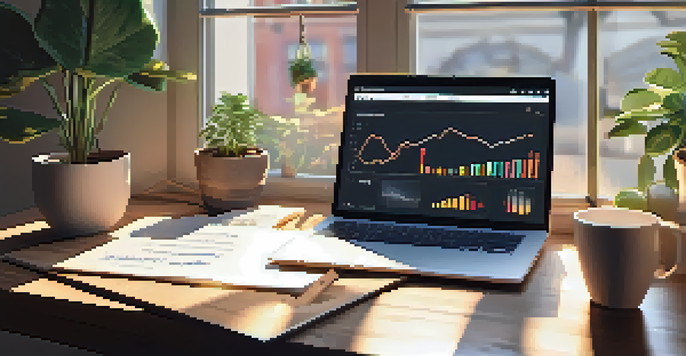 A cozy workspace featuring a wooden desk with a laptop showing crowdfunding analytics, a coffee cup, and a potted plant, all bathed in warm sunlight.