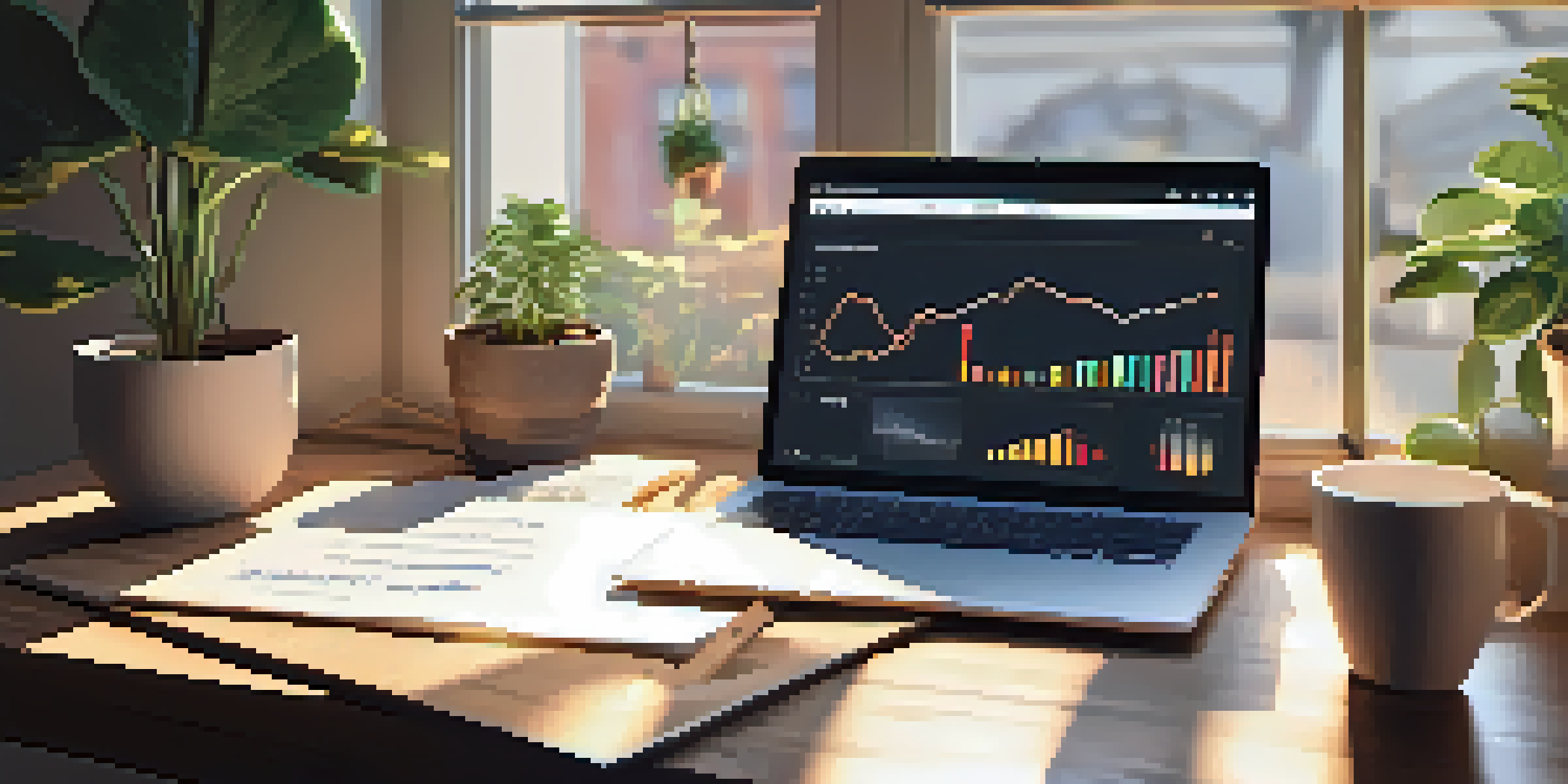 A cozy workspace featuring a wooden desk with a laptop showing crowdfunding analytics, a coffee cup, and a potted plant, all bathed in warm sunlight.