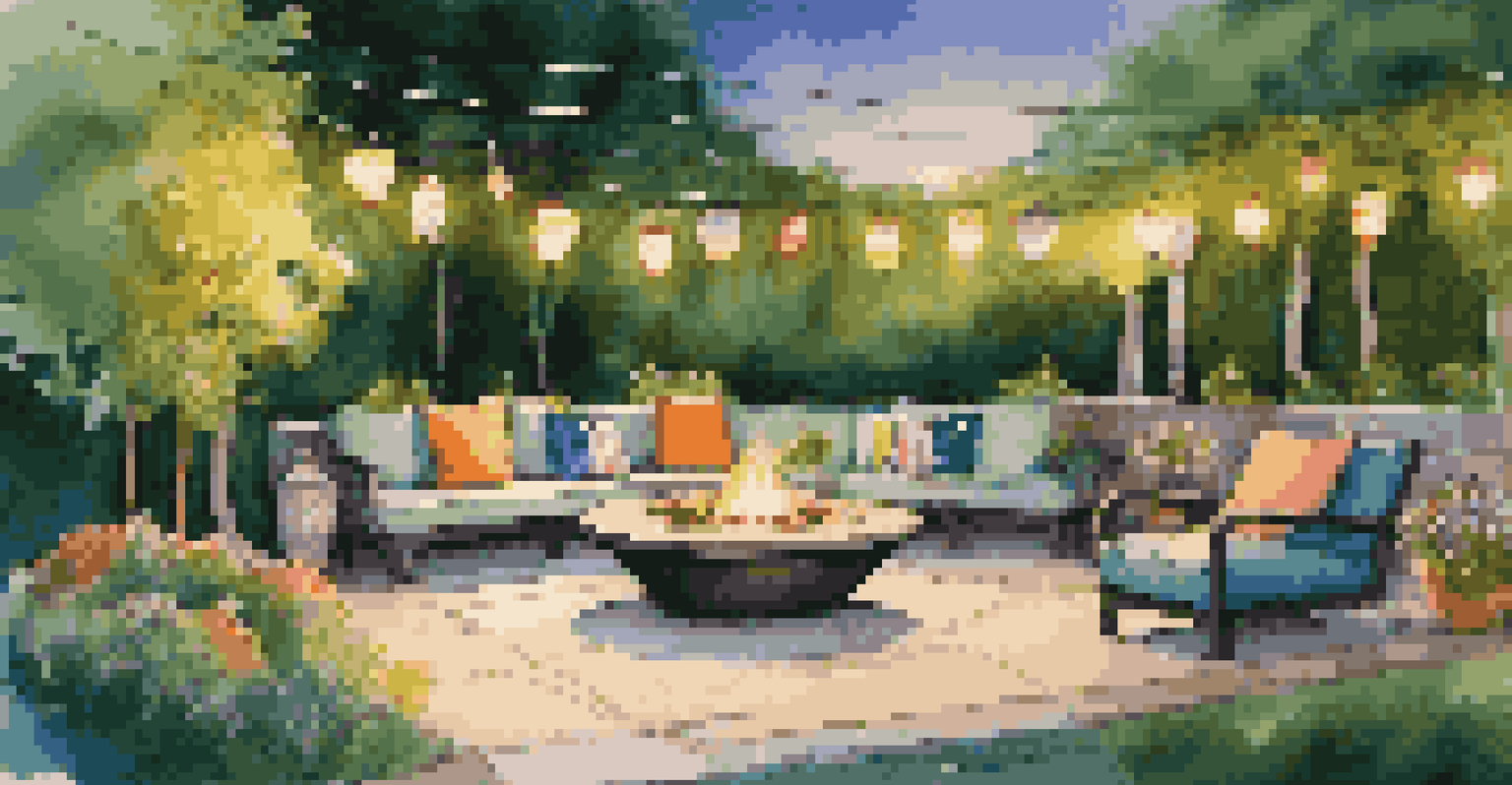 A vibrant outdoor entertaining space with sofas, a fire pit, and lush greenery, illuminated by lanterns.