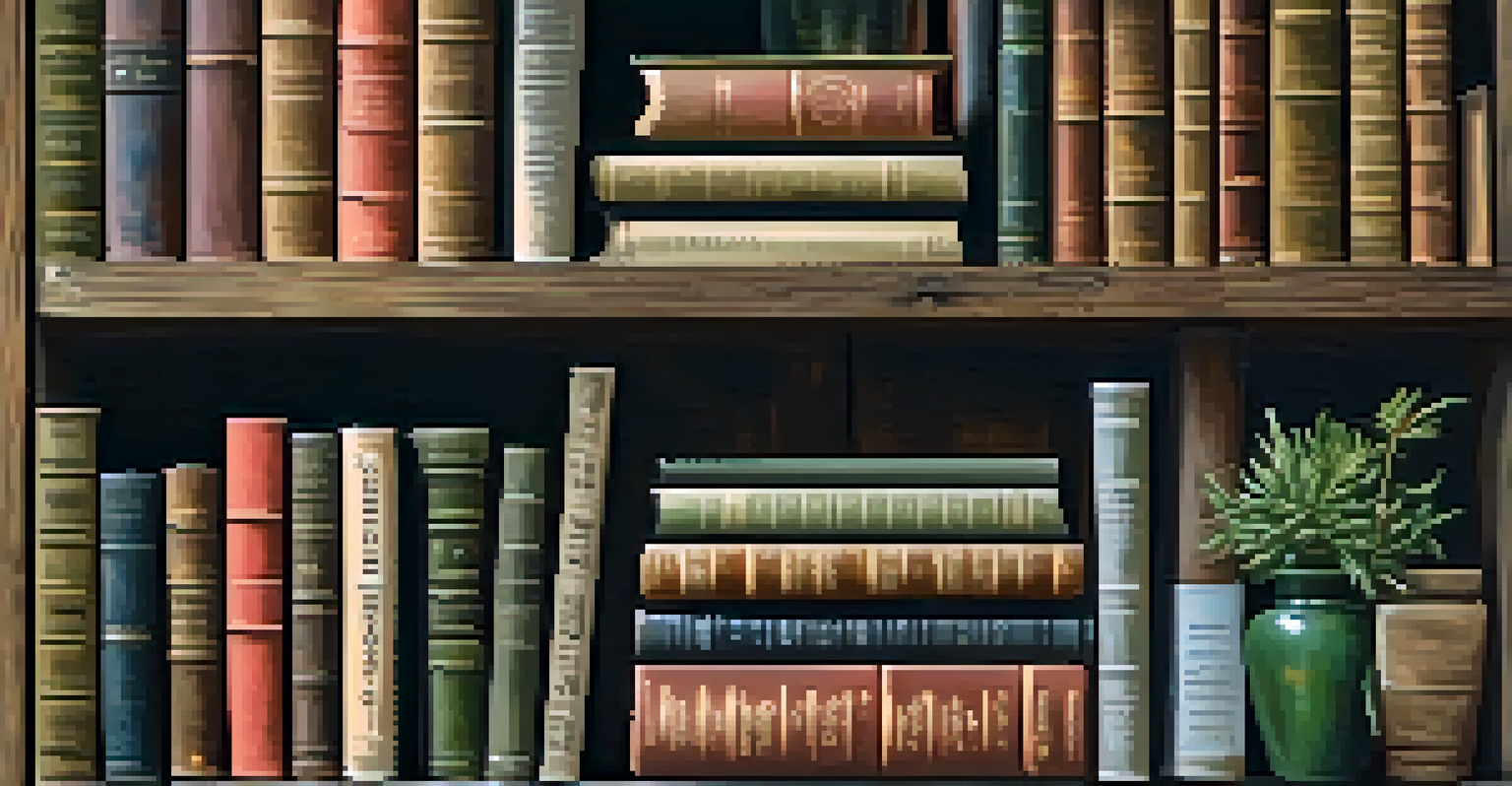 A rustic wooden shelf filled with colorful vintage books, plants, and art pieces creating a warm decor.
