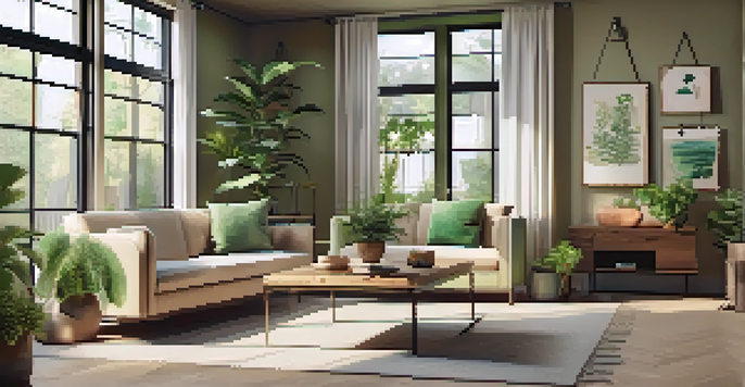A bright living room with large windows, reclaimed wood furniture, and potted plants, showcasing a sustainable design aesthetic.