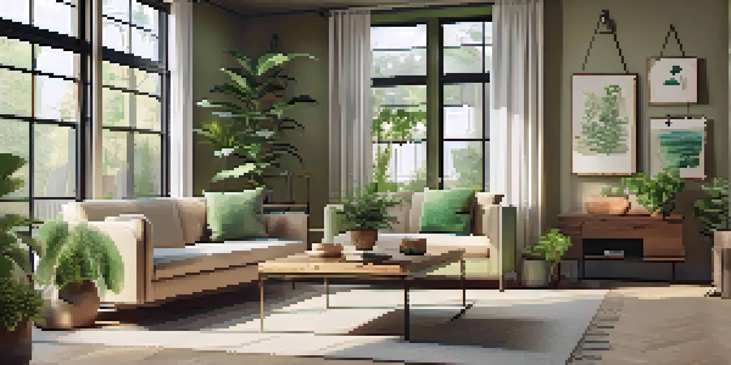 A bright living room with large windows, reclaimed wood furniture, and potted plants, showcasing a sustainable design aesthetic.