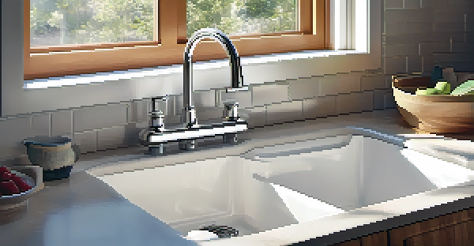 A clean and organized kitchen sink area with a shiny faucet and neatly arranged dishware, illuminated by soft natural light.