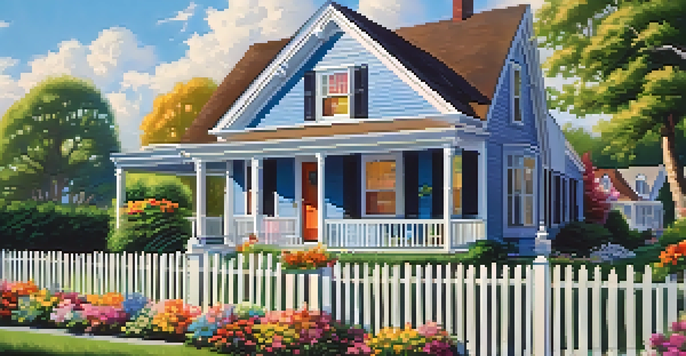 A beautiful suburban house with a white picket fence and colorful flowers in the foreground under a clear blue sky.