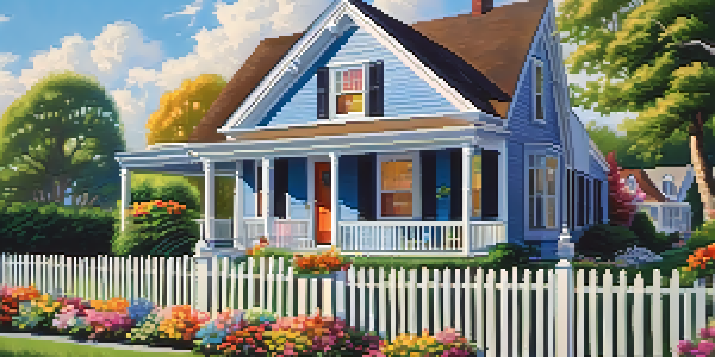 A beautiful suburban house with a white picket fence and colorful flowers in the foreground under a clear blue sky.