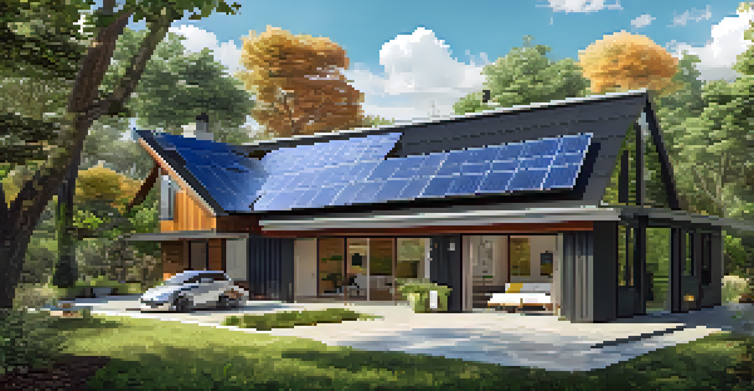 A modern home with solar panels on the roof, surrounded by greenery, emphasizing energy efficiency and sustainability.
