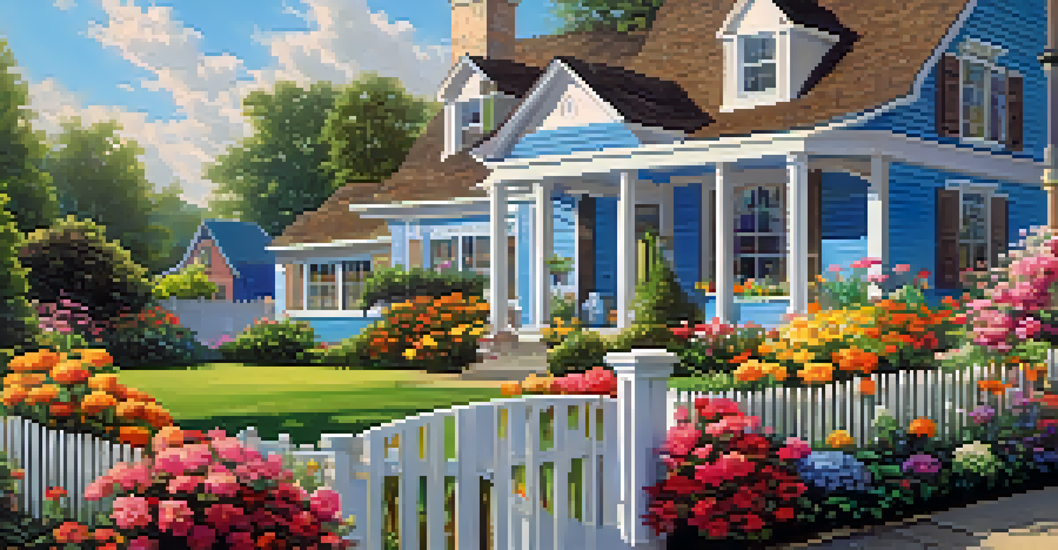 A colorful 'For Sale' sign in front of a charming home with a blooming garden under a bright blue sky.