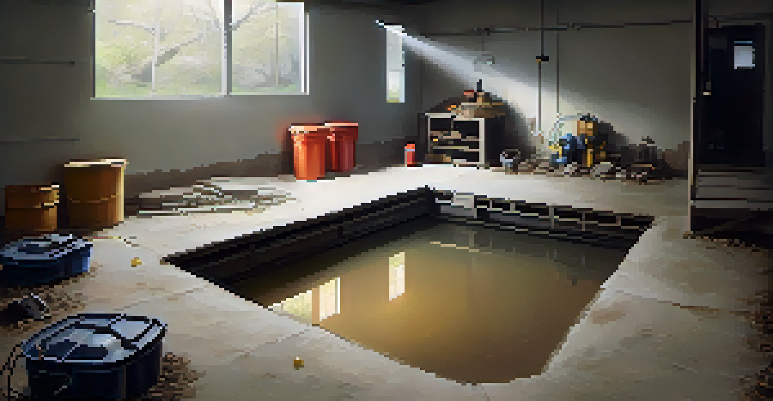 A clean and well-lit basement sump pump in a sump pit, surrounded by clear water and a bucket of water for testing.