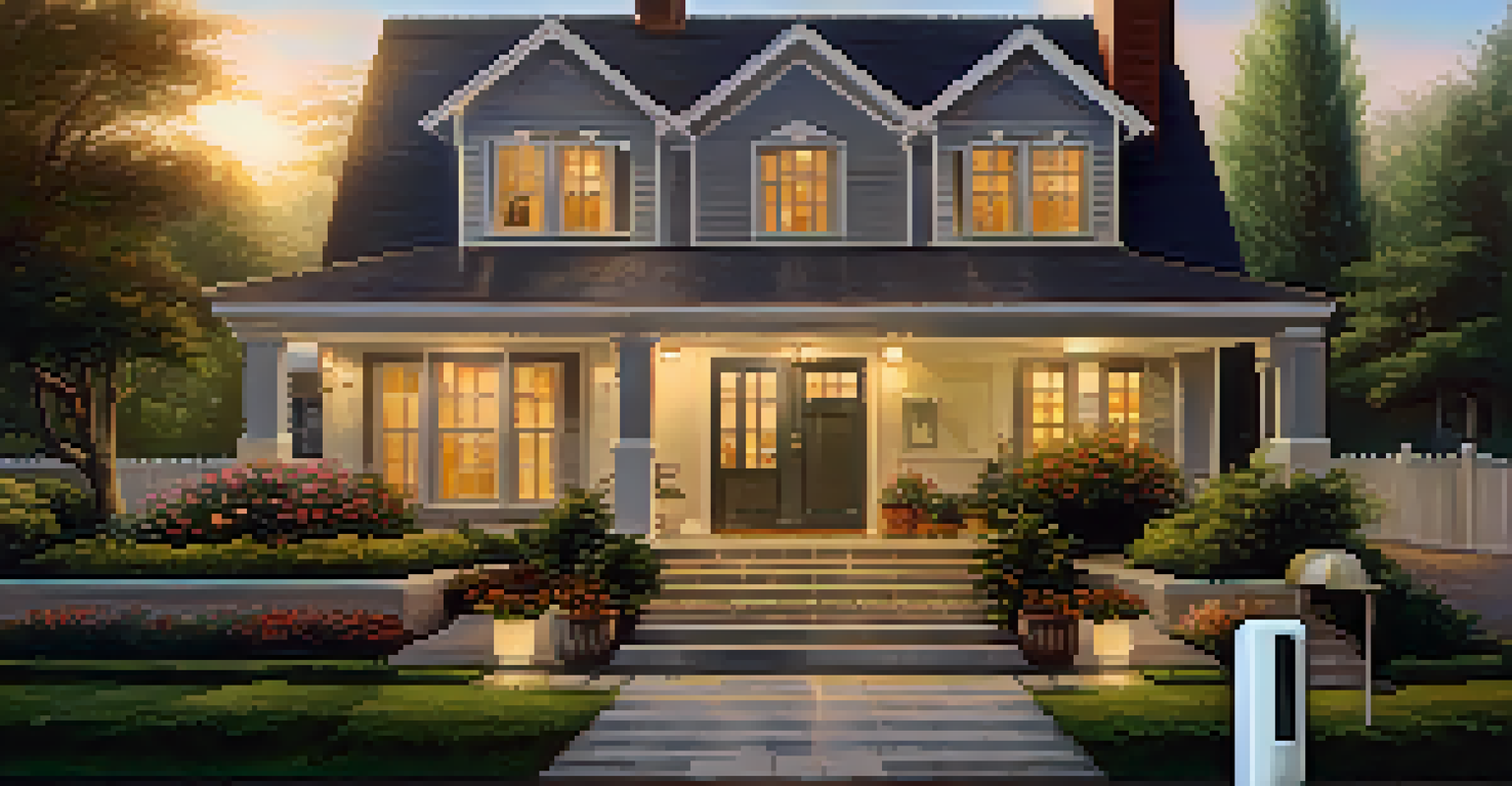 A house exterior showing a smart doorbell camera, with a garden and sunset lighting.