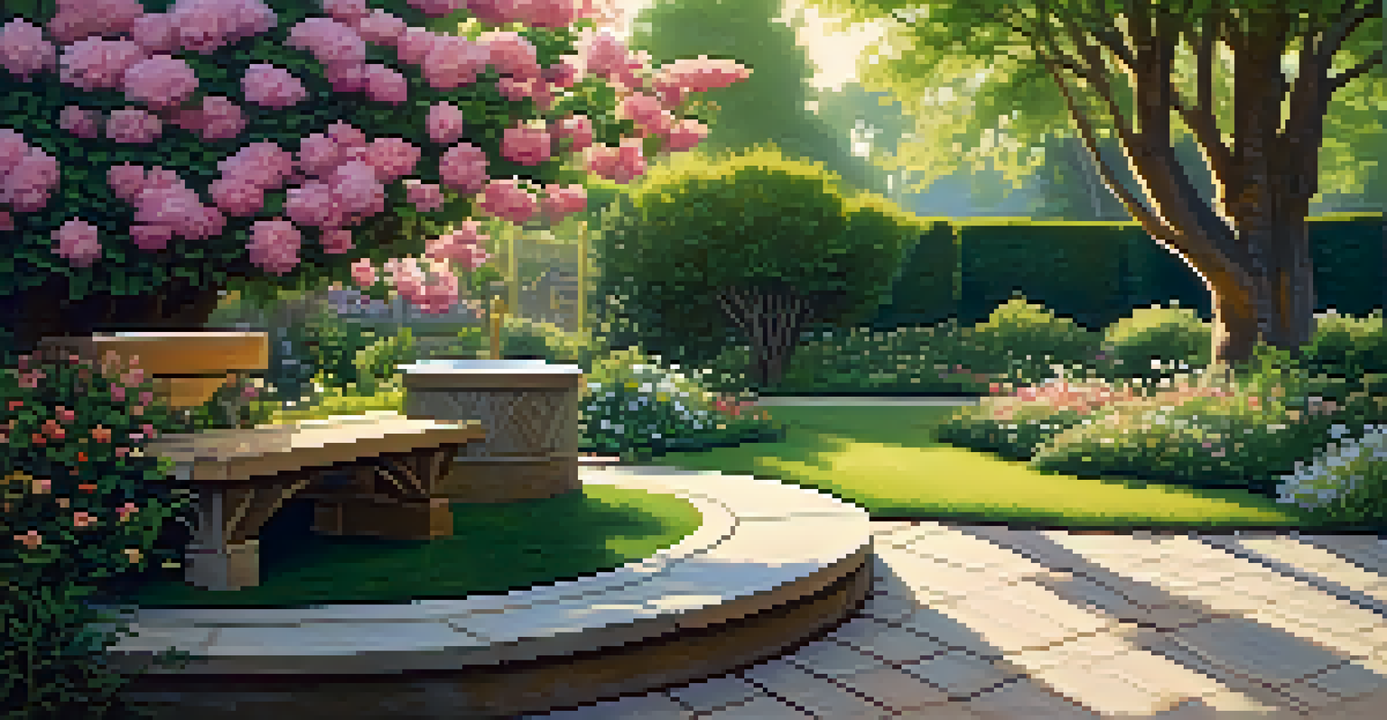A peaceful garden filled with blooming flowers and lush plants, featuring a wooden bench under a tree and a birdbath.