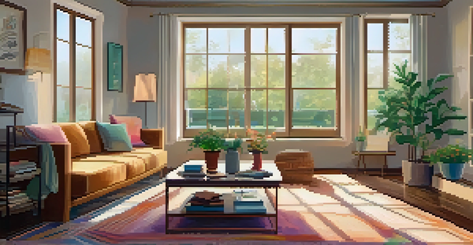 A bright and inviting living room featuring a sofa, coffee table, and a potted plant, with sunlight streaming through a large window.