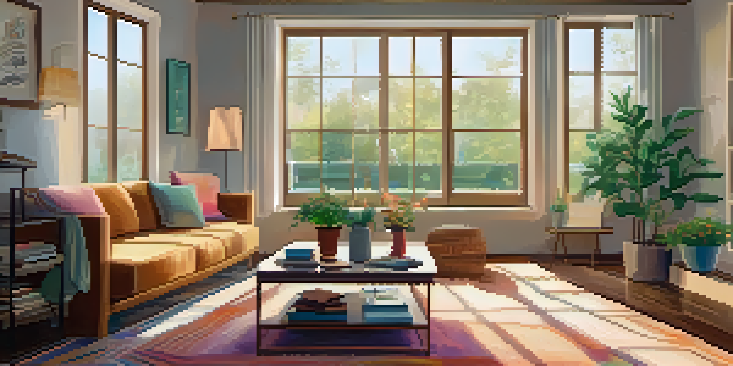 A bright and inviting living room featuring a sofa, coffee table, and a potted plant, with sunlight streaming through a large window.