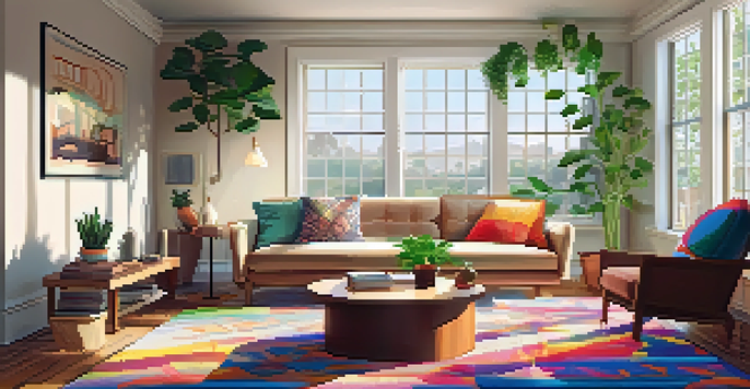 A warm and inviting living room with a modern sofa, wooden coffee table, indoor plants, and sunlight streaming through a large window.