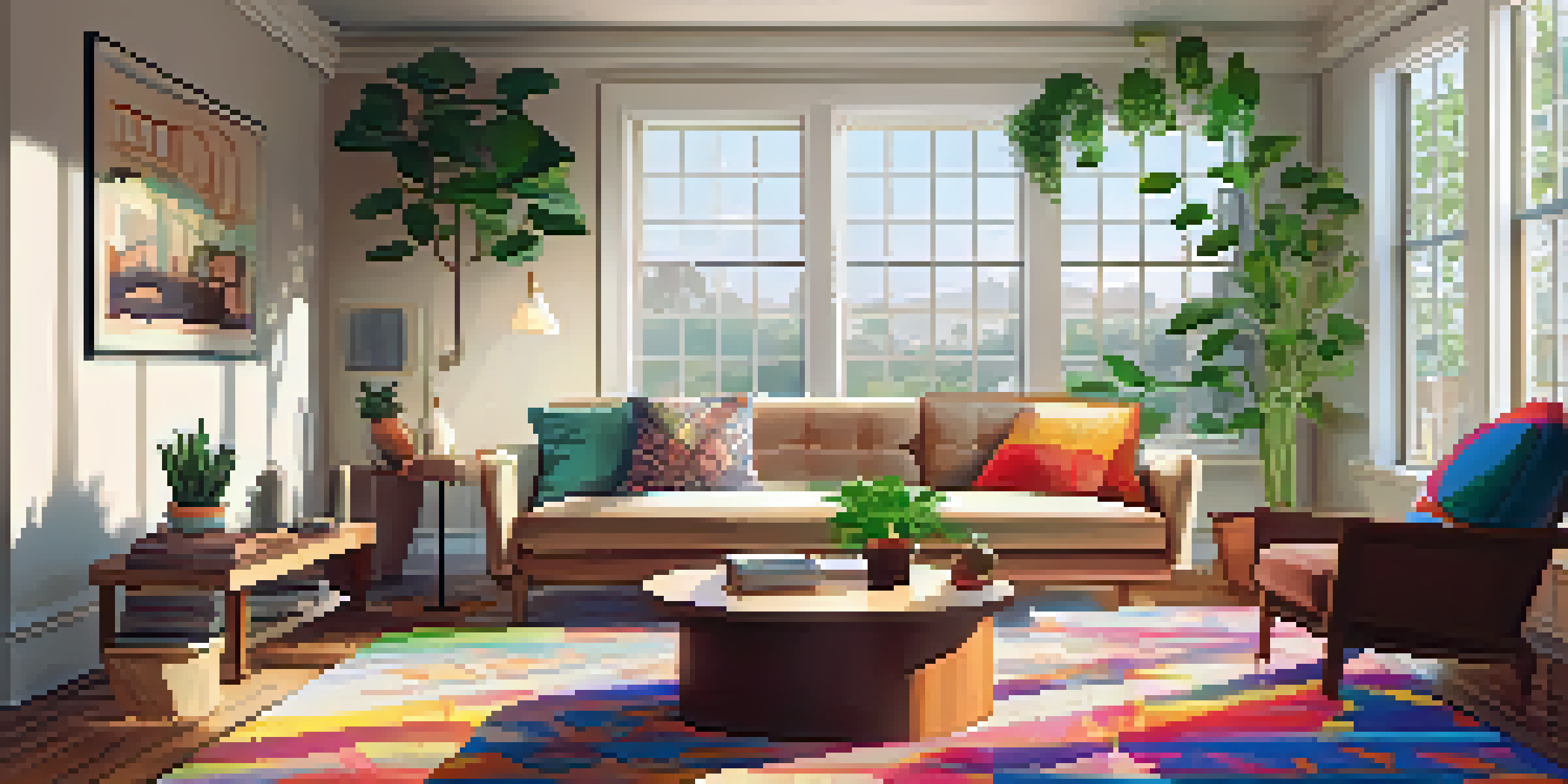 A warm and inviting living room with a modern sofa, wooden coffee table, indoor plants, and sunlight streaming through a large window.