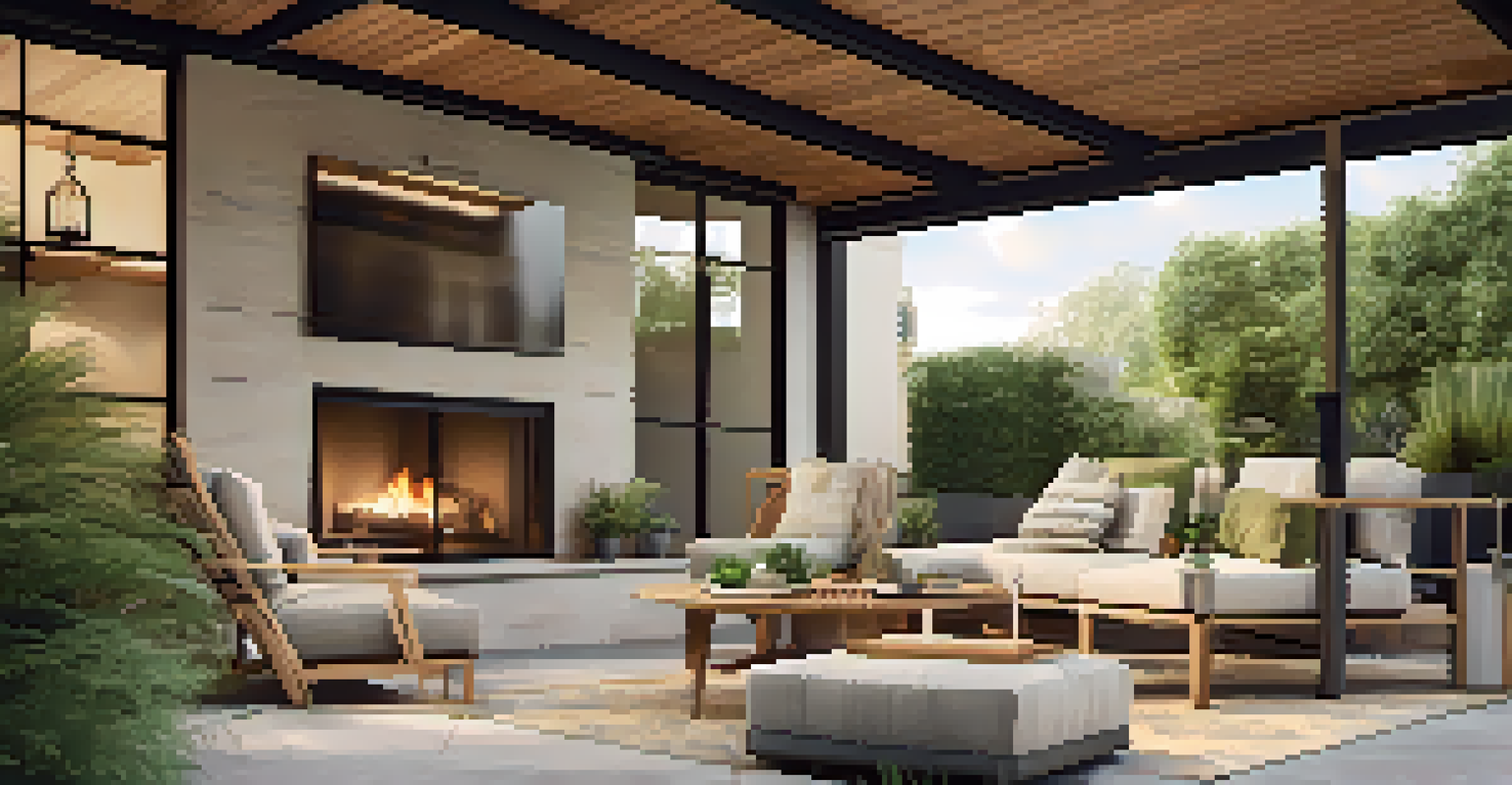 A cozy outdoor patio with comfortable furniture and a fire pit, connected to a bright indoor living area through large sliding glass doors.