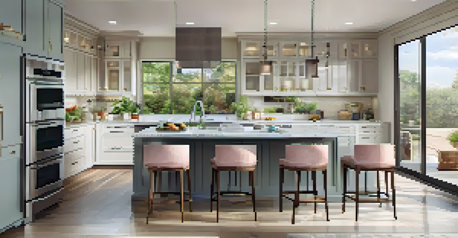 A modern kitchen with an island and bar stools, open to a living area, illuminated by natural light from large glass doors.