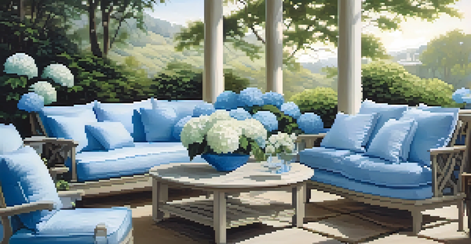 A peaceful garden with blue flowers and seating, creating a calming ocean-like atmosphere under a blue sky.