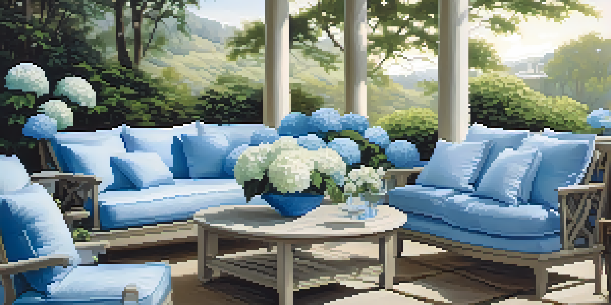 A peaceful garden with blue flowers and seating, creating a calming ocean-like atmosphere under a blue sky.
