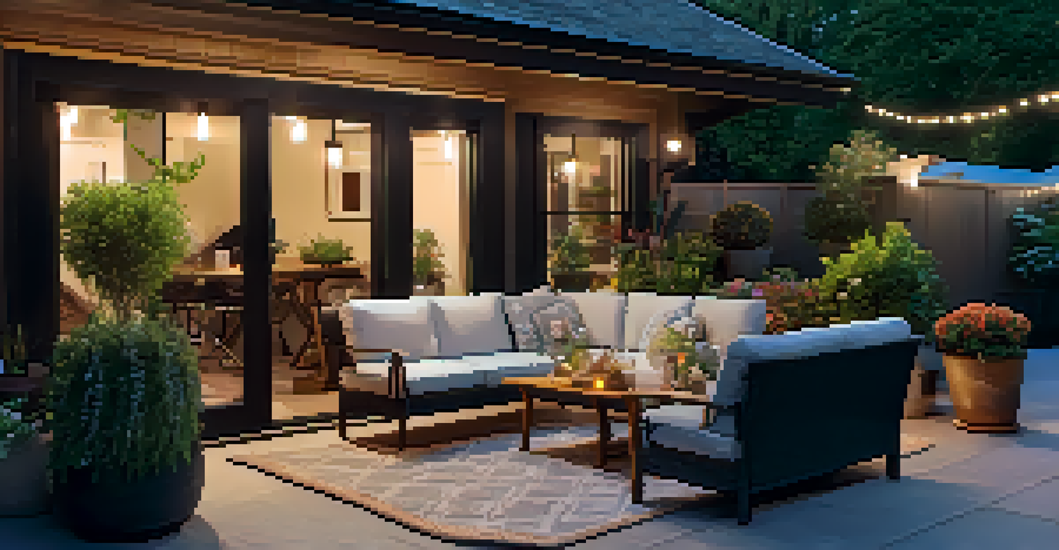 An inviting patio area with LED lights creating a cozy atmosphere at twilight, surrounded by plants.