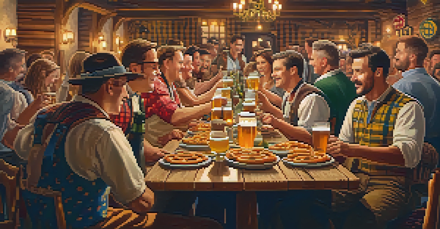A lively Oktoberfest table setting with wooden accents, beer steins, pretzels, and a festive atmosphere.