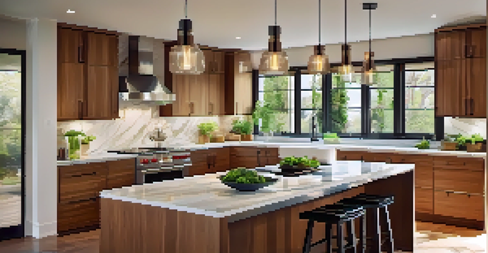 A modern kitchen with pendant lights, marble countertops, and warm wood cabinets, illuminated by natural light.