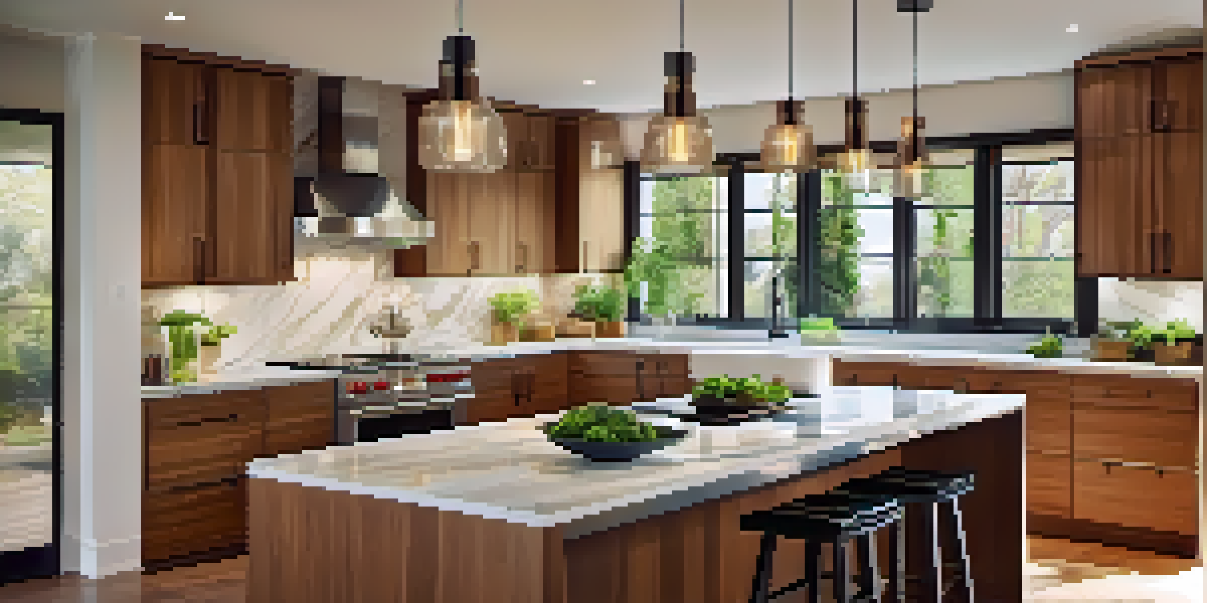 A modern kitchen with pendant lights, marble countertops, and warm wood cabinets, illuminated by natural light.