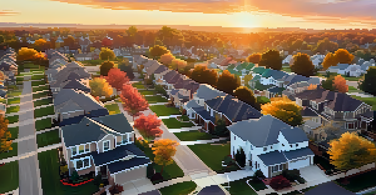 An aerial view of a suburban neighborhood with spacious houses, tree-lined streets, and parks under a vibrant sunset.