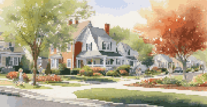 A peaceful suburban neighborhood with well-kept houses, green lawns, and a community park filled with people enjoying the outdoors.