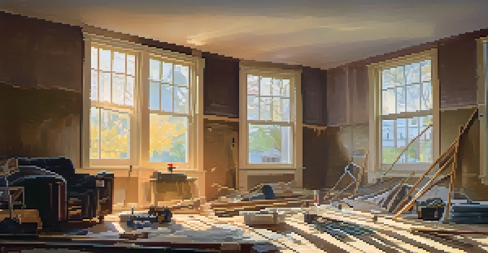 A living room under renovation with a house inspector checking the exposed wall, tools scattered, and sunlight filtering through a window.