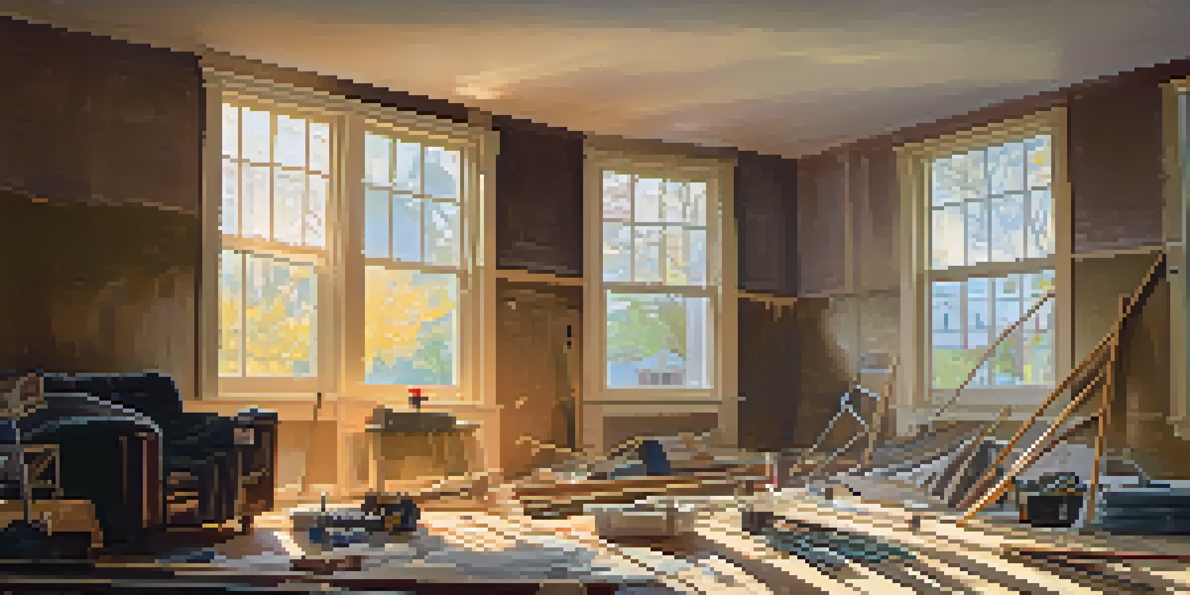 A living room under renovation with a house inspector checking the exposed wall, tools scattered, and sunlight filtering through a window.