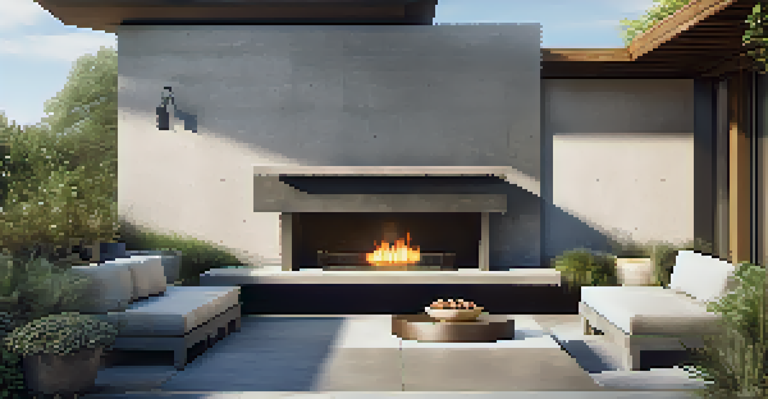 A modern concrete outdoor fireplace on a sleek patio with contemporary furniture, vibrant plants, and sunlight casting shadows.