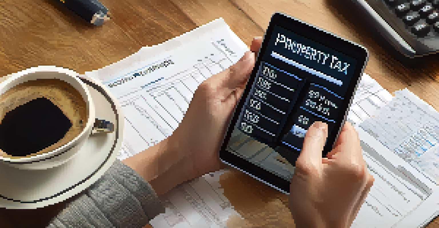 Close-up of hands with a tablet showing a property tax calculator.