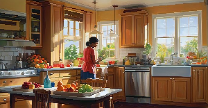 An organized kitchen with a family member cleaning and another loading the dishwasher, filled with sunlight and vibrant fruits.