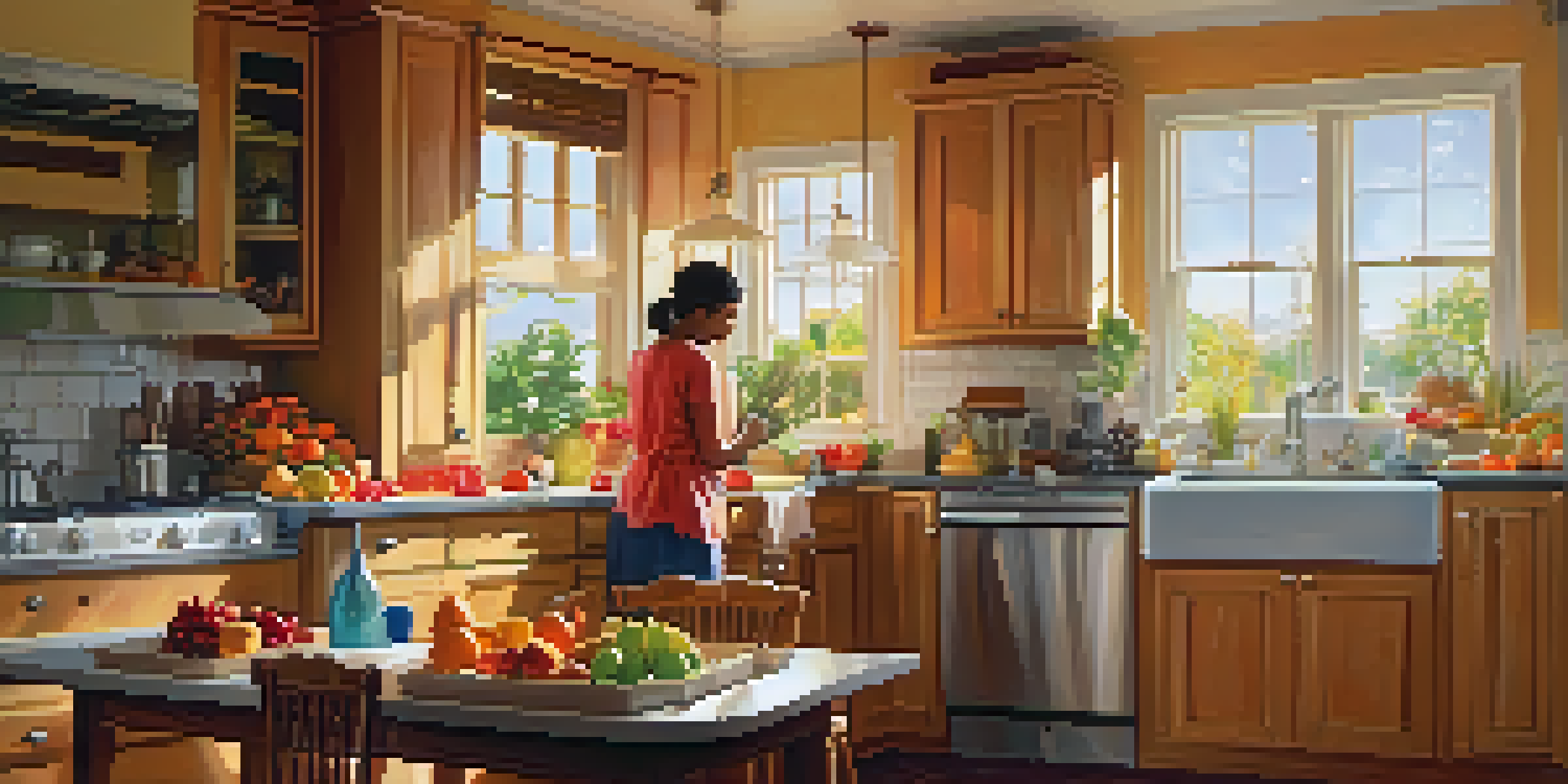 An organized kitchen with a family member cleaning and another loading the dishwasher, filled with sunlight and vibrant fruits.