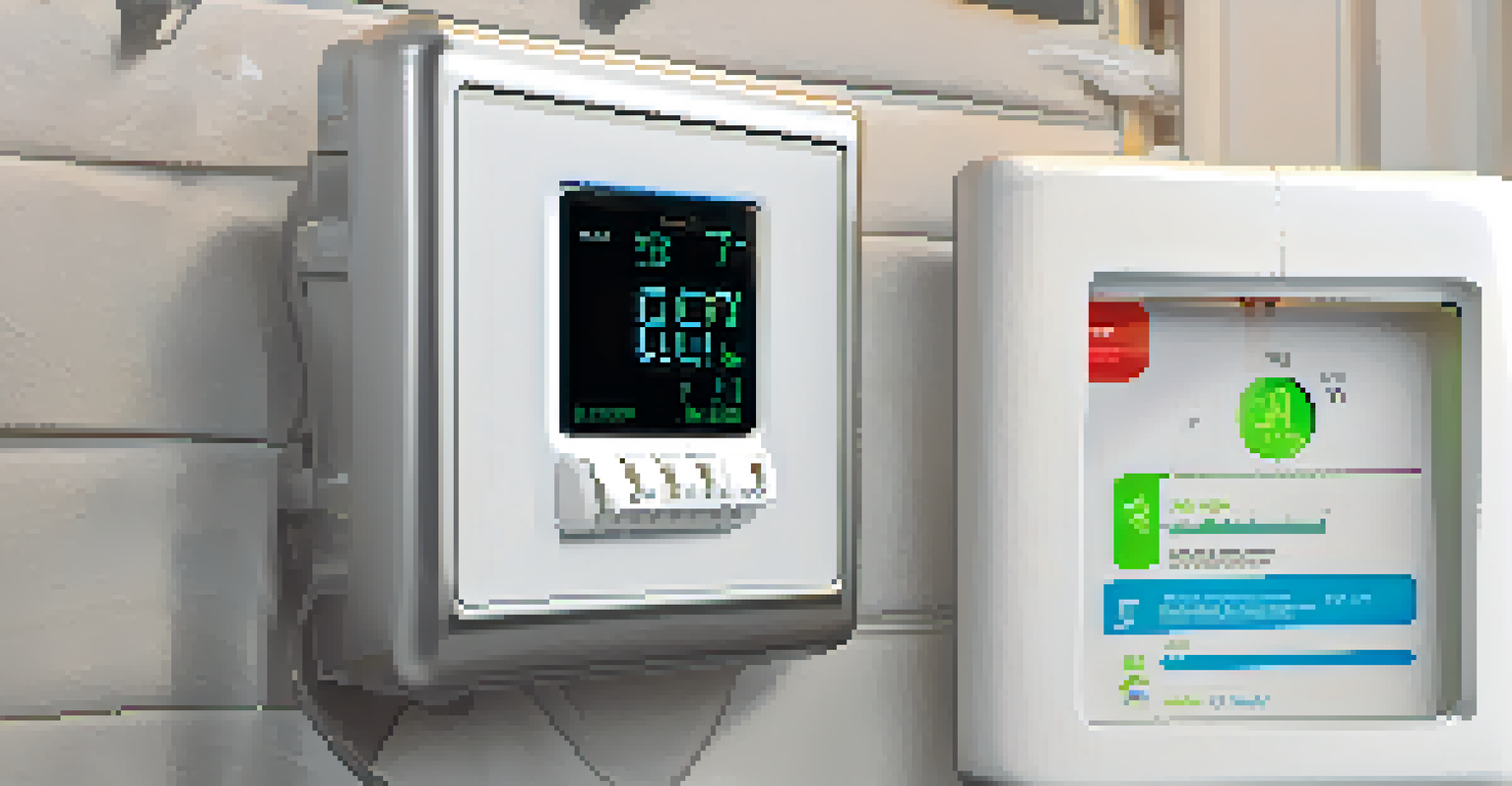 A smart energy meter with a digital display and a smartphone showing an energy management app.