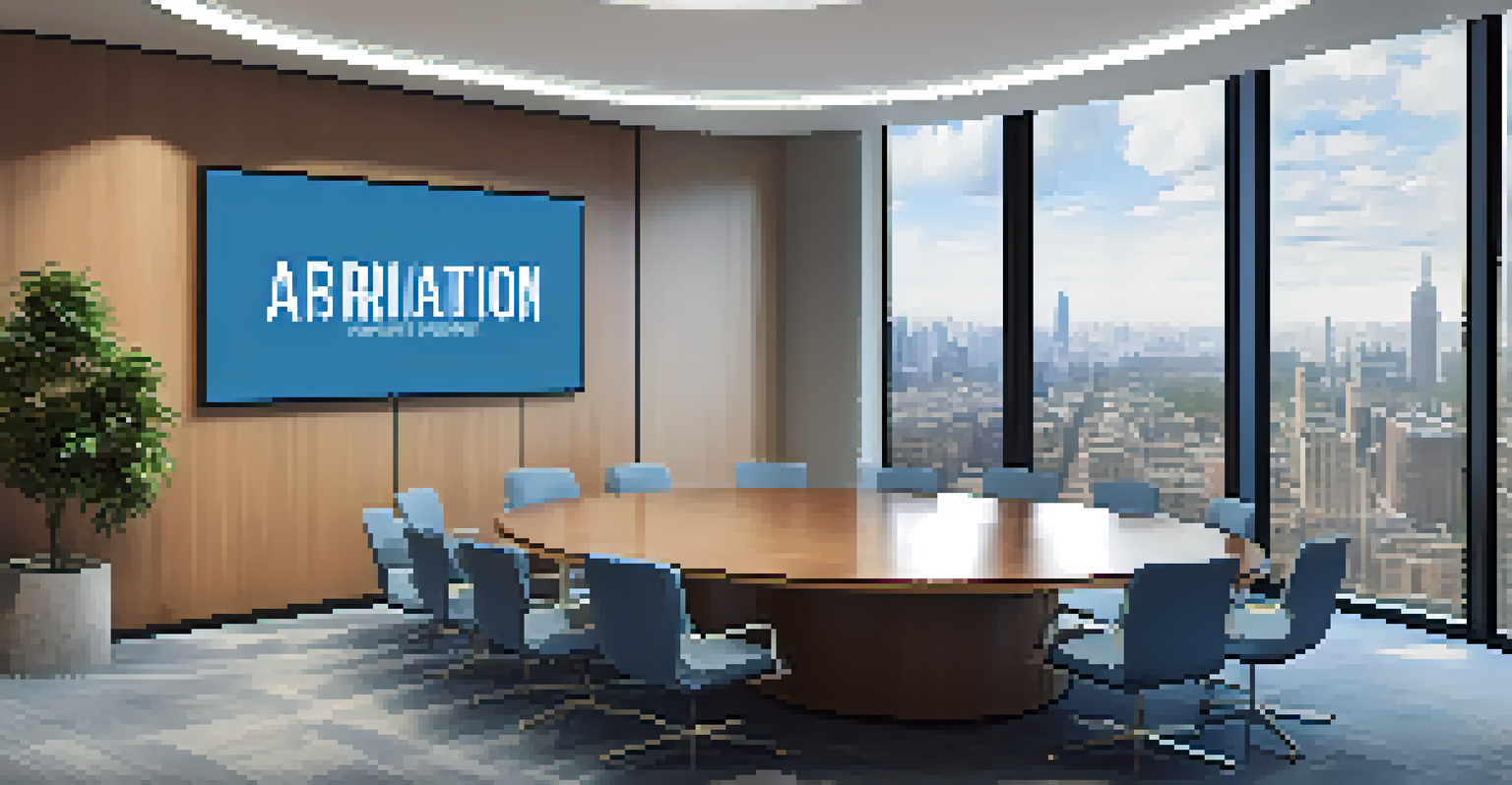 A modern conference room featuring a round table, chairs, and a screen displaying 'Arbitration', with large windows showing a city skyline.