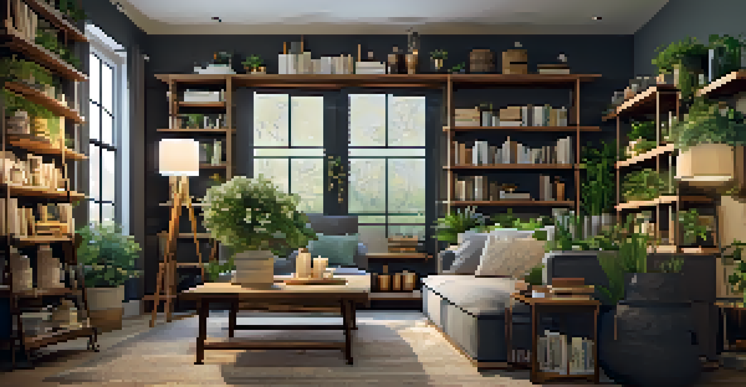 A living room with a wooden ladder repurposed as a shelving unit, displaying plants and books, illuminated by warm lighting.