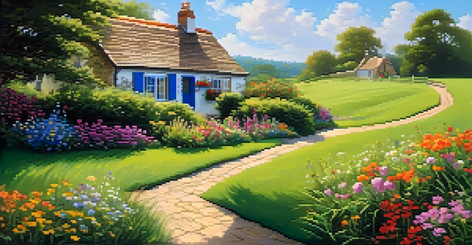 A beautiful green field with a winding path leading to a cottage, surrounded by flowers under a clear blue sky.