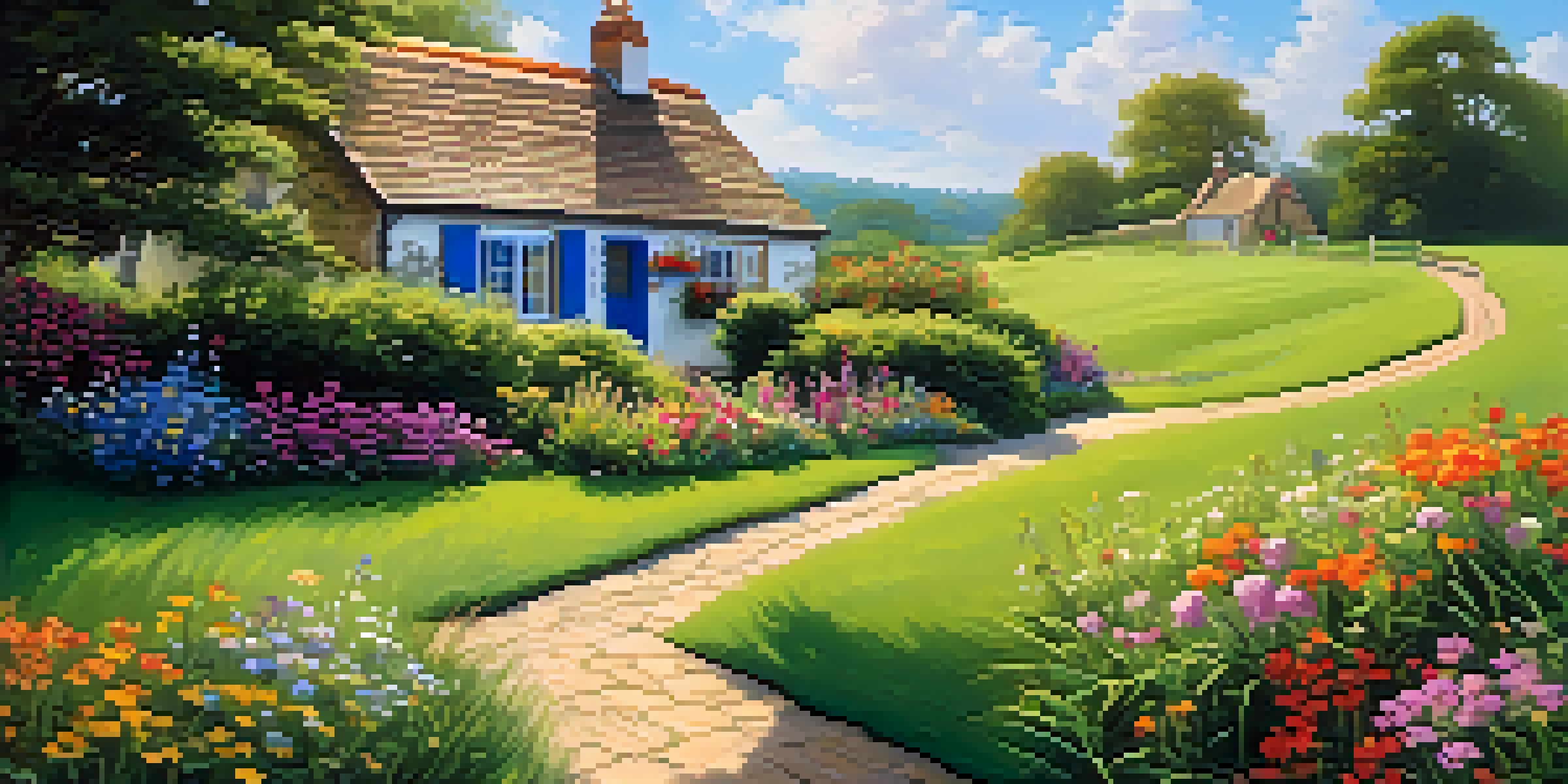 A beautiful green field with a winding path leading to a cottage, surrounded by flowers under a clear blue sky.
