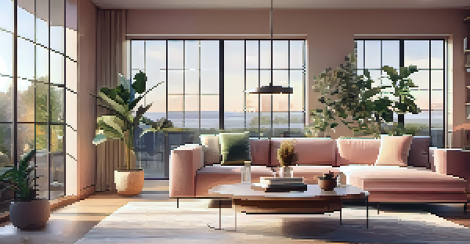A bright and inviting modern living room with large windows, elegant furniture, and warm lighting during golden hour.