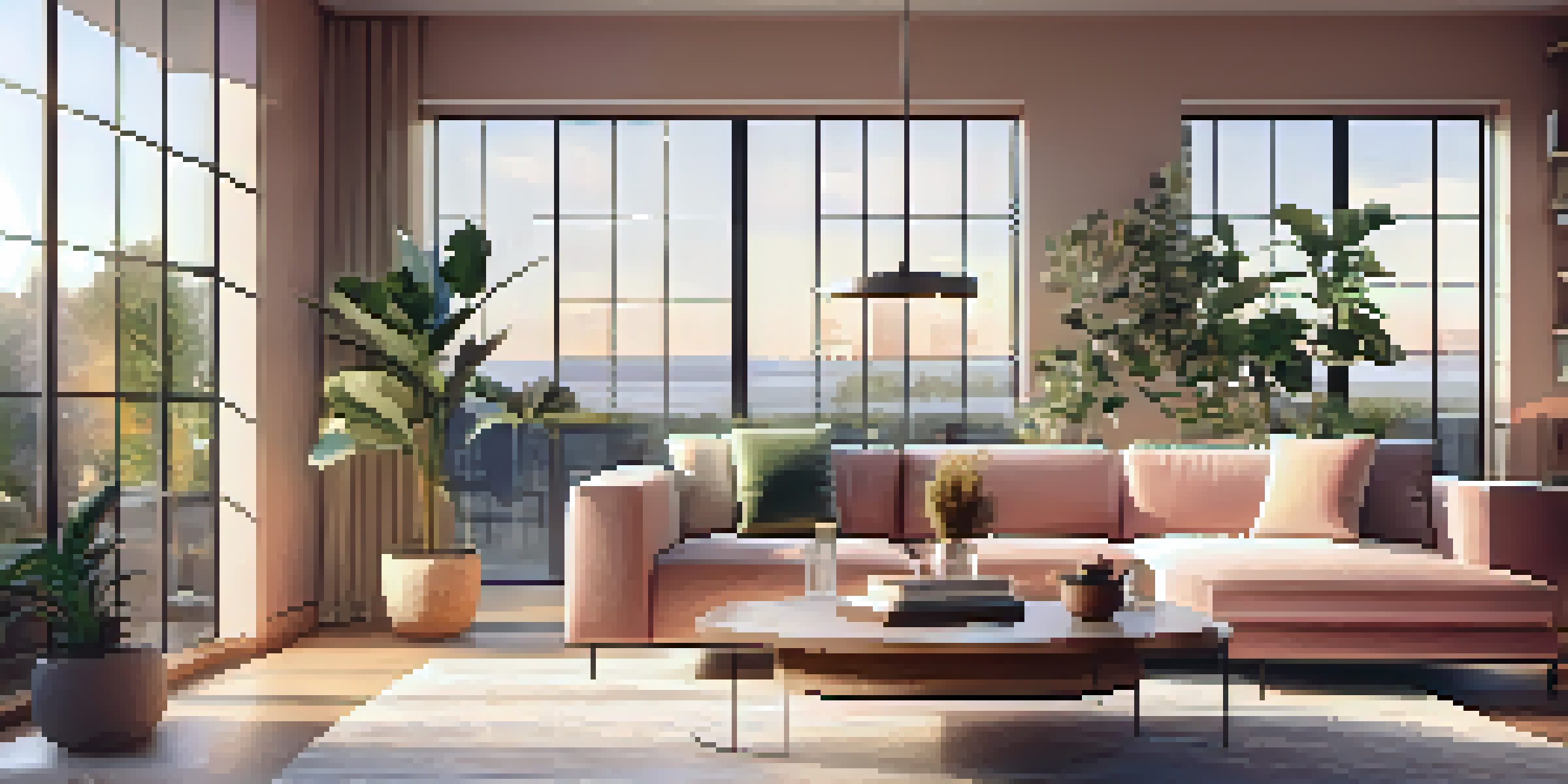 A bright and inviting modern living room with large windows, elegant furniture, and warm lighting during golden hour.