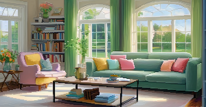 A cozy living room with a plush sofa, colorful cushions, a coffee table with flowers, and a large window letting in natural light.