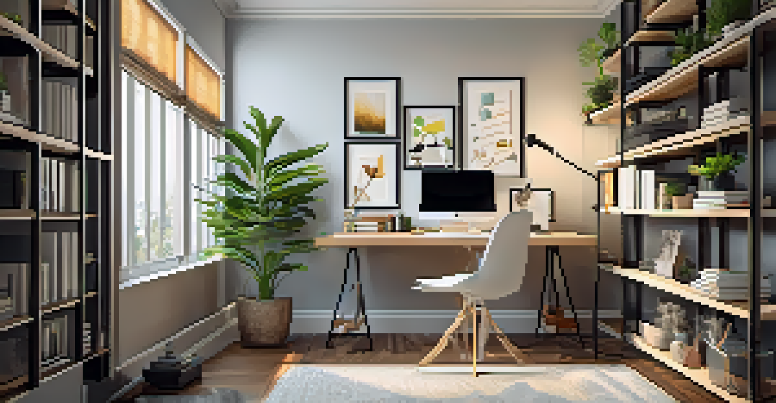 A well-organized home office with a modern desk, comfortable chair, and warm lighting, ideal for remote work.