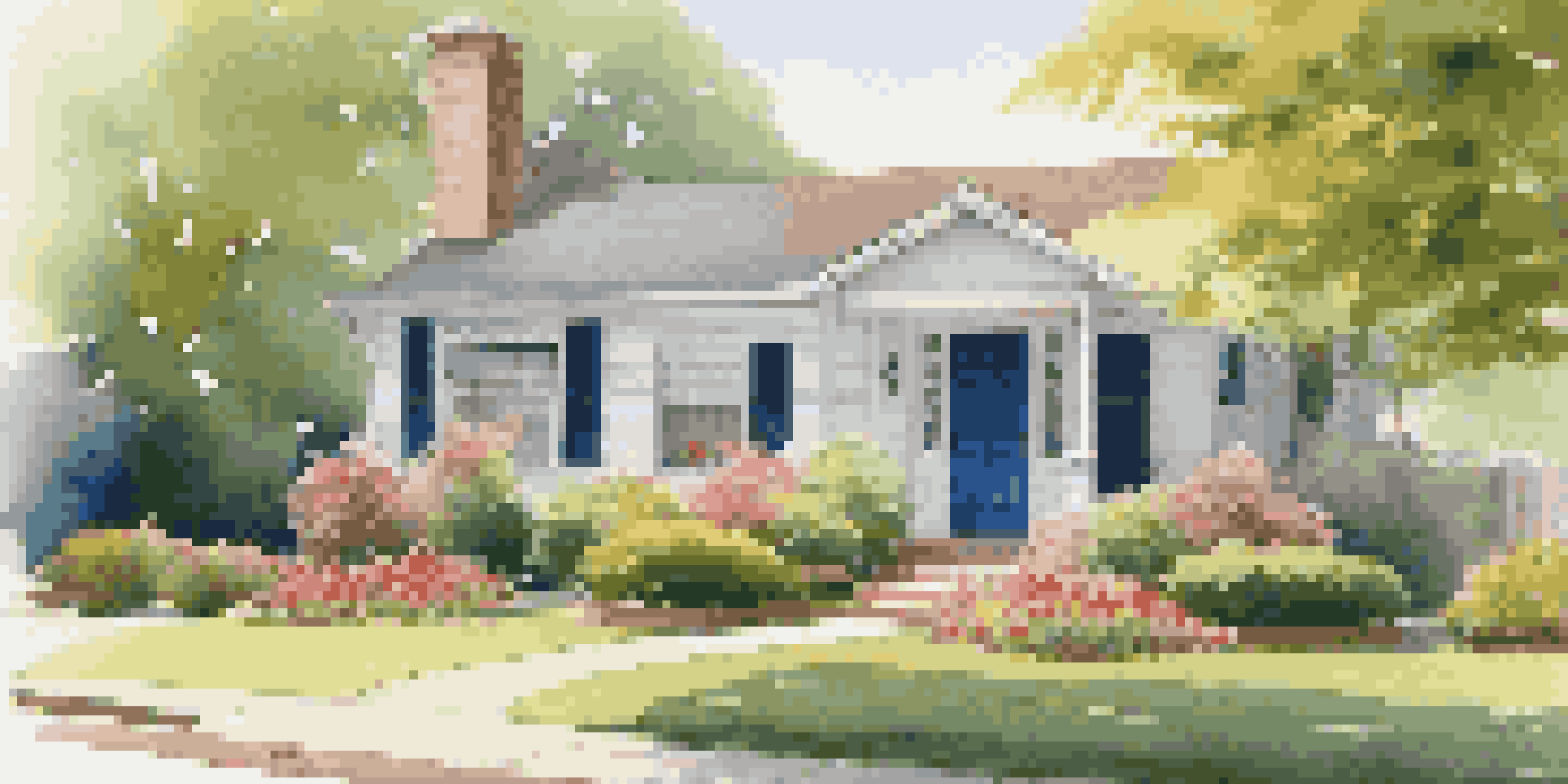 A picturesque suburban home featuring a vibrant garden and freshly painted front door, with sunlight filtering through the leaves.