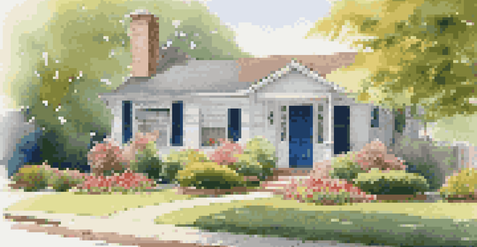 A picturesque suburban home featuring a vibrant garden and freshly painted front door, with sunlight filtering through the leaves.