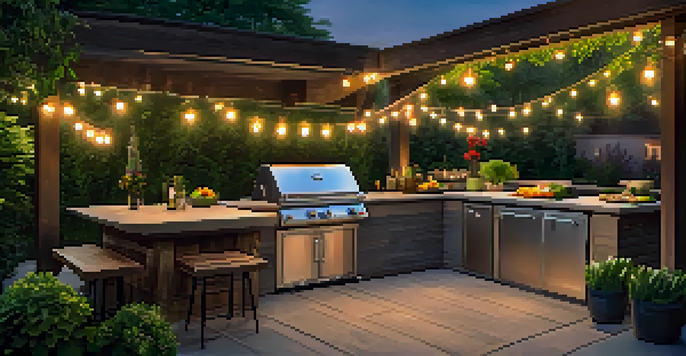 An outdoor kitchen with a stainless steel grill, fresh vegetables on the countertop, bar seating, and string lights in a vibrant backyard.