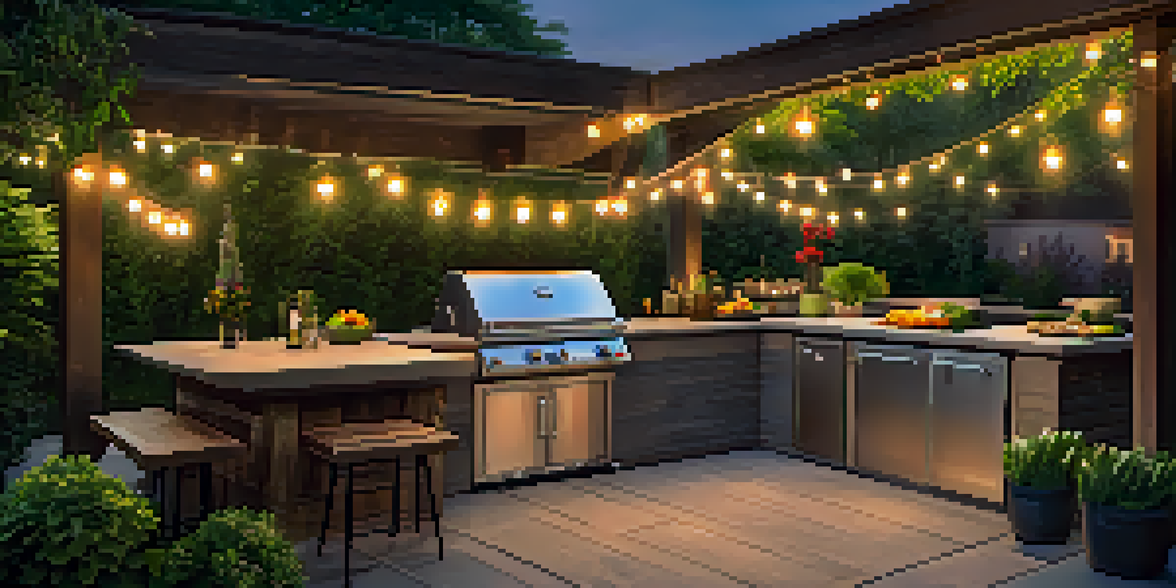 An outdoor kitchen with a stainless steel grill, fresh vegetables on the countertop, bar seating, and string lights in a vibrant backyard.