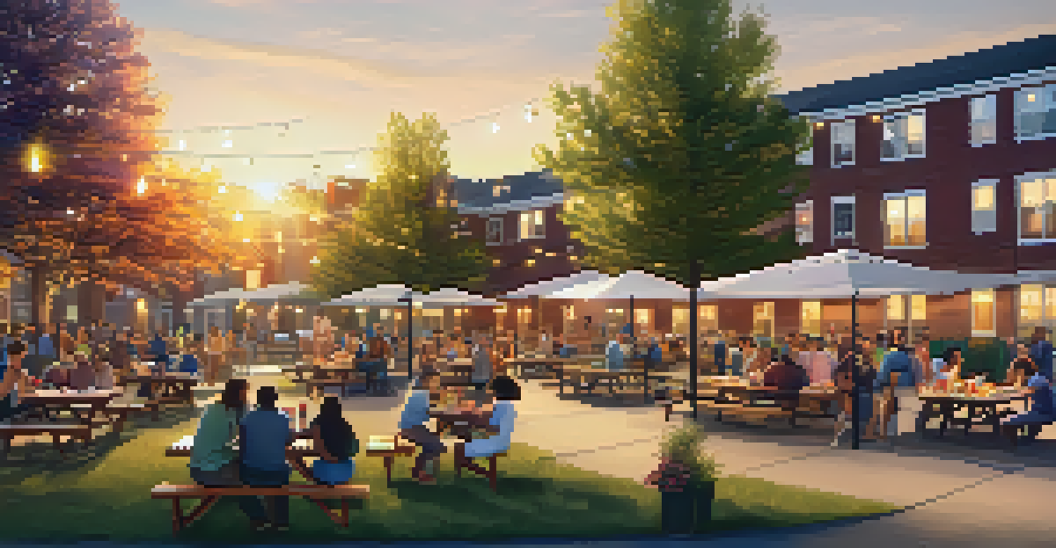 A vibrant outdoor gathering space with tenants socializing at picnic tables under string lights during sunset.